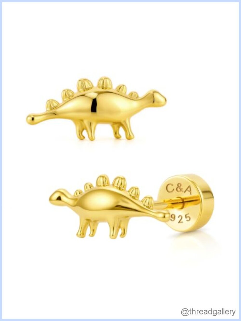 18K Gold Plated 925 Sterling Silver Dinosaur Stud Earrings Screw Back
